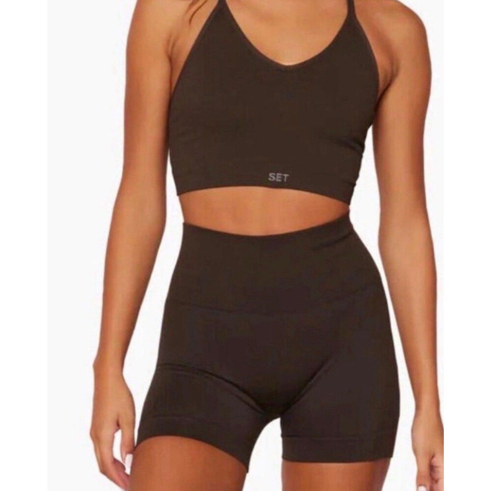 SET ACTIVE Sculptflex Bike Shorts Brown High Rise Ribbed Compression Size M